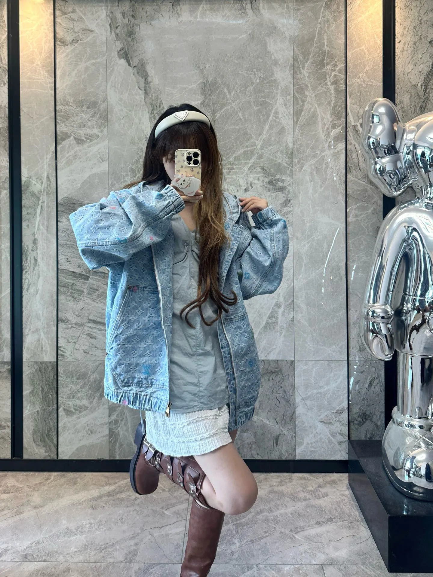 Louis Vuitton/Louis Vuitton 25Fw old flower jacquard embroidered zipper hooded denim jacket